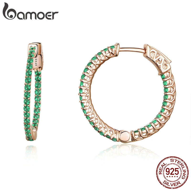 

BAMOER Genuine 925 Sterling Silver Classic Round Circle Green CZ Stud Earrings for Women Wedding Engagement Jewelry SCE511