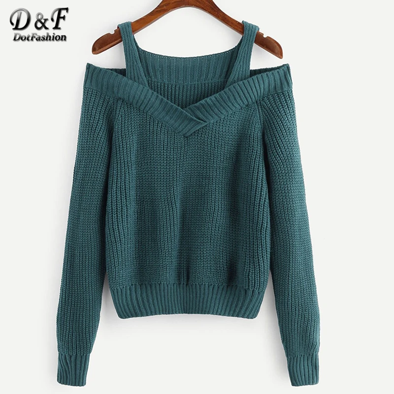 Dotfashion Повседневное зеленый с открытыми плечами укороченный свитер Для женщин сезон: весна-лето белый V образным вырезом Базовая свитера женские одноцветное на бретелях Топ