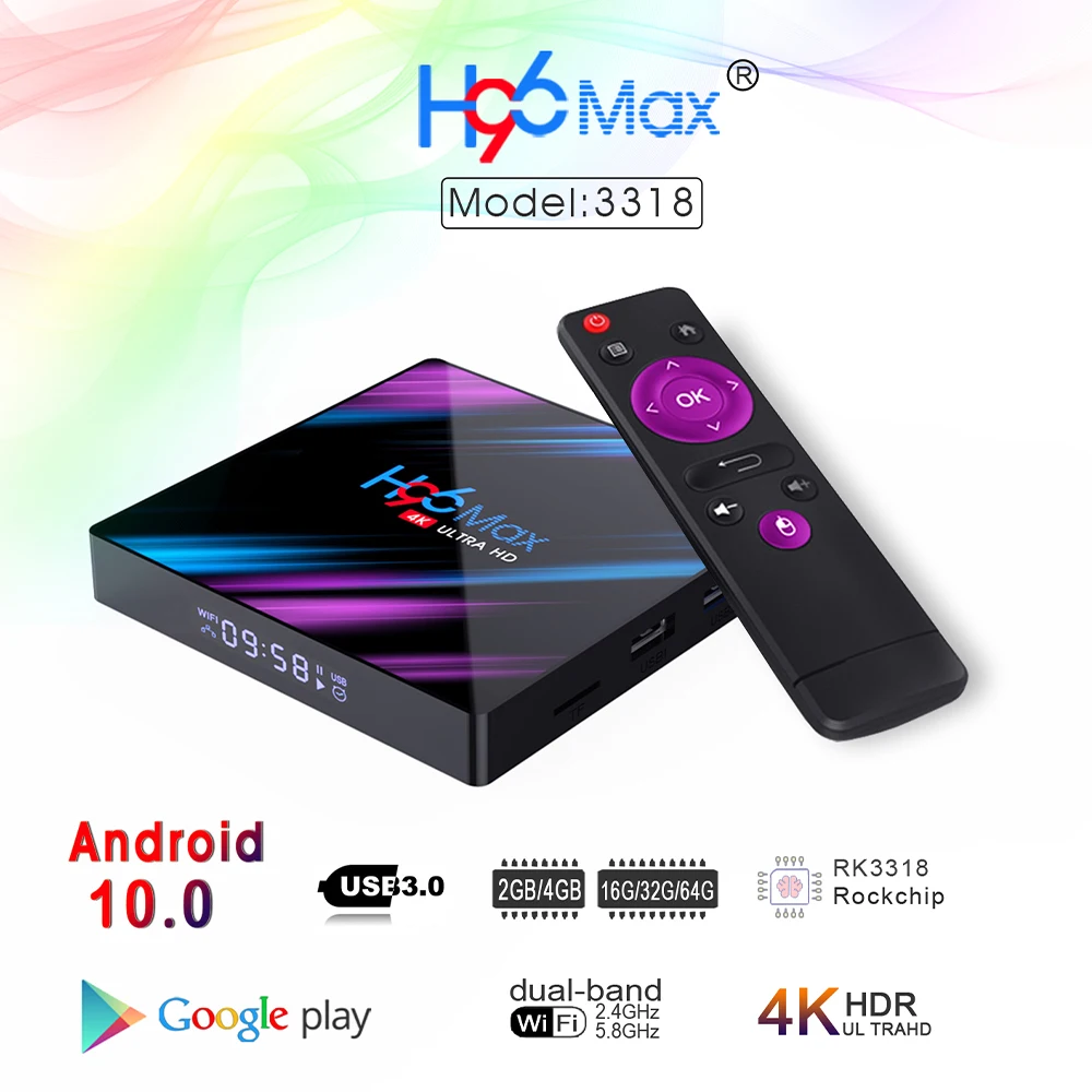 

H96max Smart TV Box Android 10 RK3318 5G Dual Band WiFi Bluetooth Top Box H.265 Video Decoder WiFi 4K HD Network Player