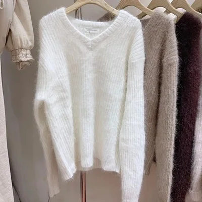 

Korean Autumn White V Neck Sweater Women Loose Elegant Knitwear Jumper Fashion Pullovers