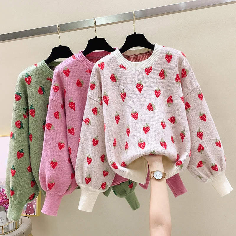 

Осень-зима новый стиль Японский ленивый стиль клубничный жаккардовый пуловер плотный свитер вязаный женский