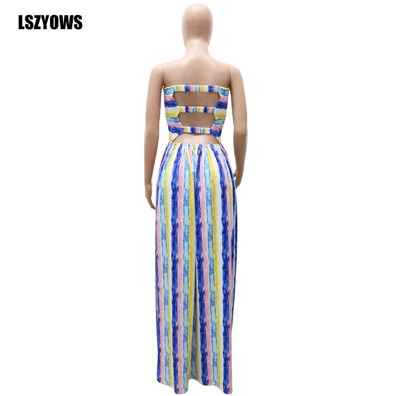 

Women Striped Print Strapless Maxi Dress Summer Sleeveless Backless High Waist Long Dress Elegant Ladies Party Dresses Vestidos