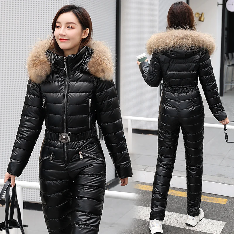 

2Pcs Winter Womens Cotton Down Fur Collar Hooded Ski Suit Thicken Coats Peacoat&Pants Waterproof Shiny Slim Fit 5Colors New 2022