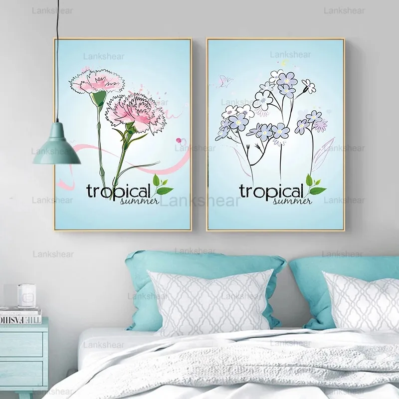 Скандинавский тропический растительный принт акварельный розовый цветок