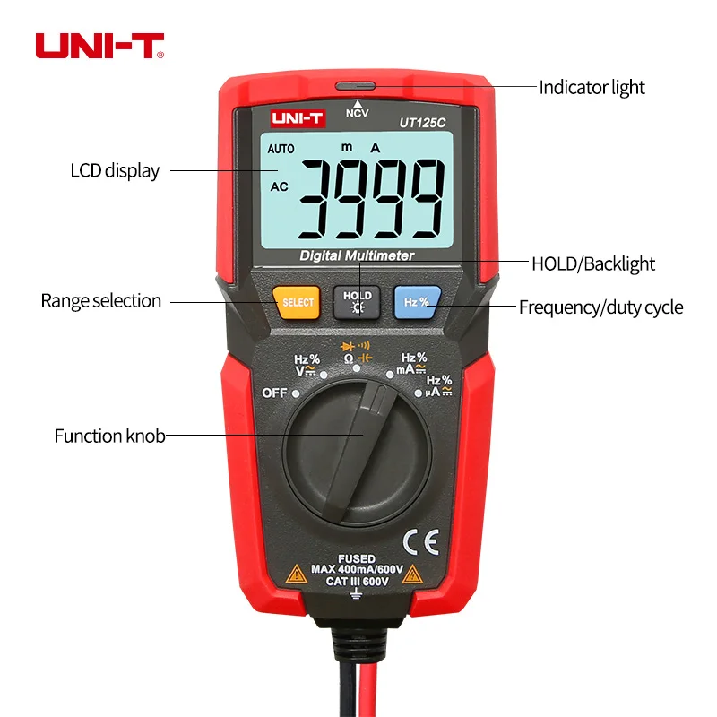 UT125C ручной карманный цифровой мультиметр AC / DC Тестер напряжения multimetro uni-t Amp Ohm Cap Hz NCV