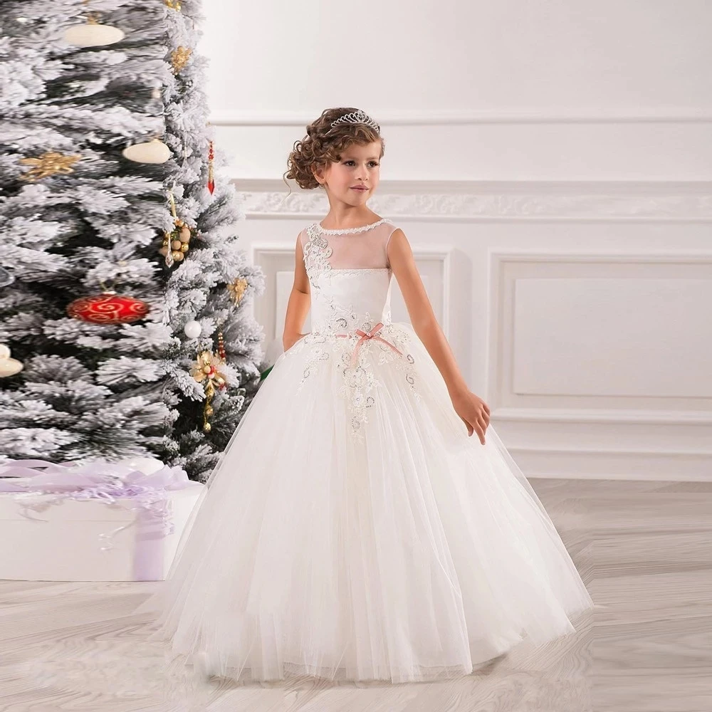 

Long Lace Flower Girl Dresses 2021 Applique Girls Pageant Dresses First Communion Dress Kids Wedding Party Gown
