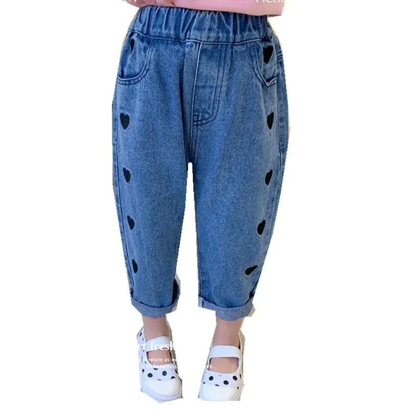 

Children's Spring New 2021 Embroidered Love Jeans Korean Girls' Casual Pants Toddler Girls Loose Leisure Cowboy Trousers 2-7y
