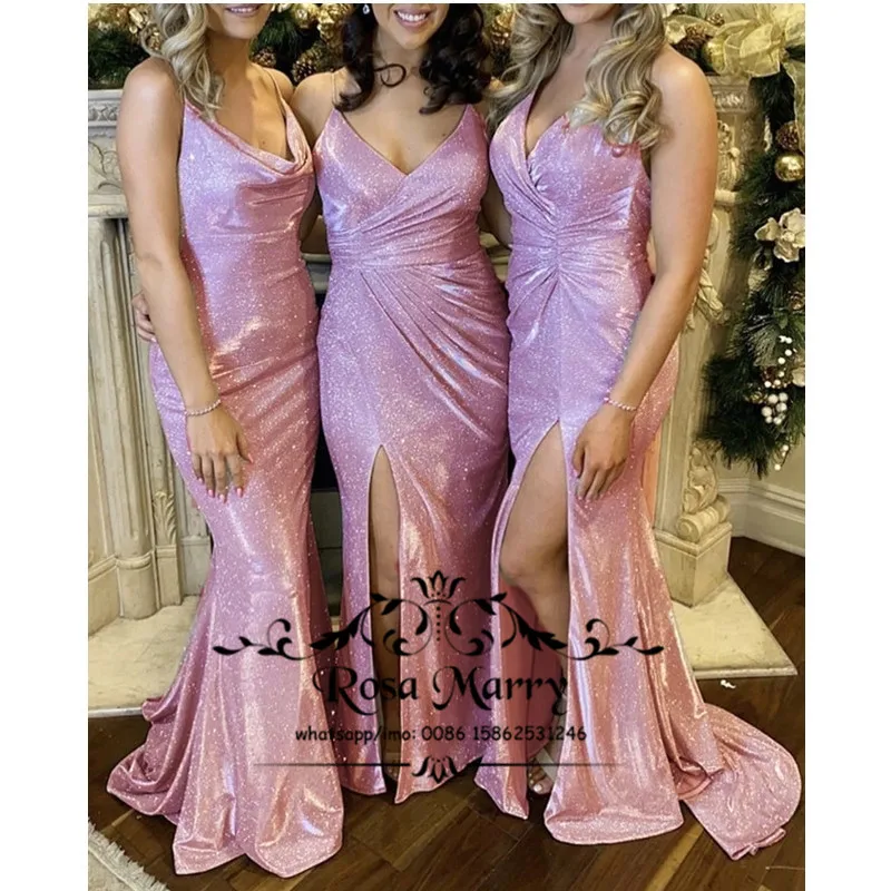 

Sparkly Pink Sequined Mermaid Bridesmaids Dresses 2020 Plus Size Cheap High Split Cheap Country Wedding Guest Party Gowns