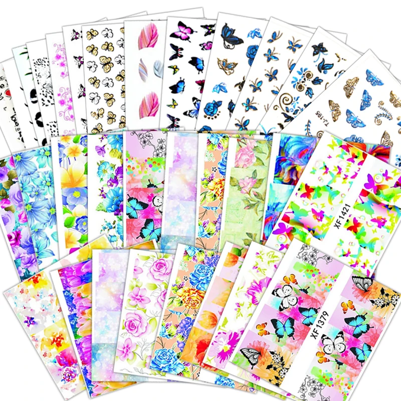 40 шт./лот наклейки для ногтей цветы бабочки клейкие Красочные Водные татуировки