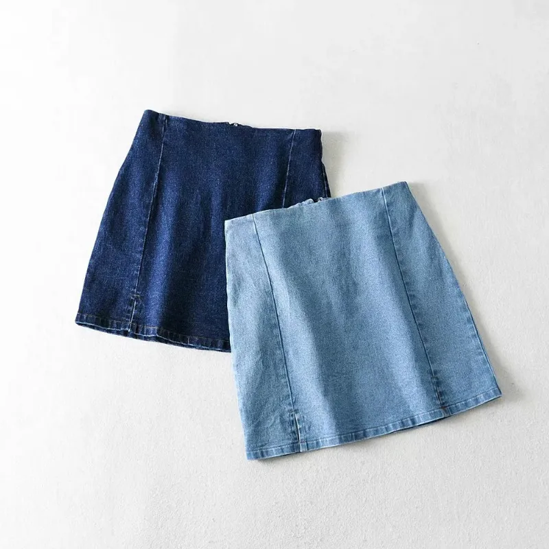 

stretch denim skirt Solid Light Blue And Dark Blue Backside Zipper