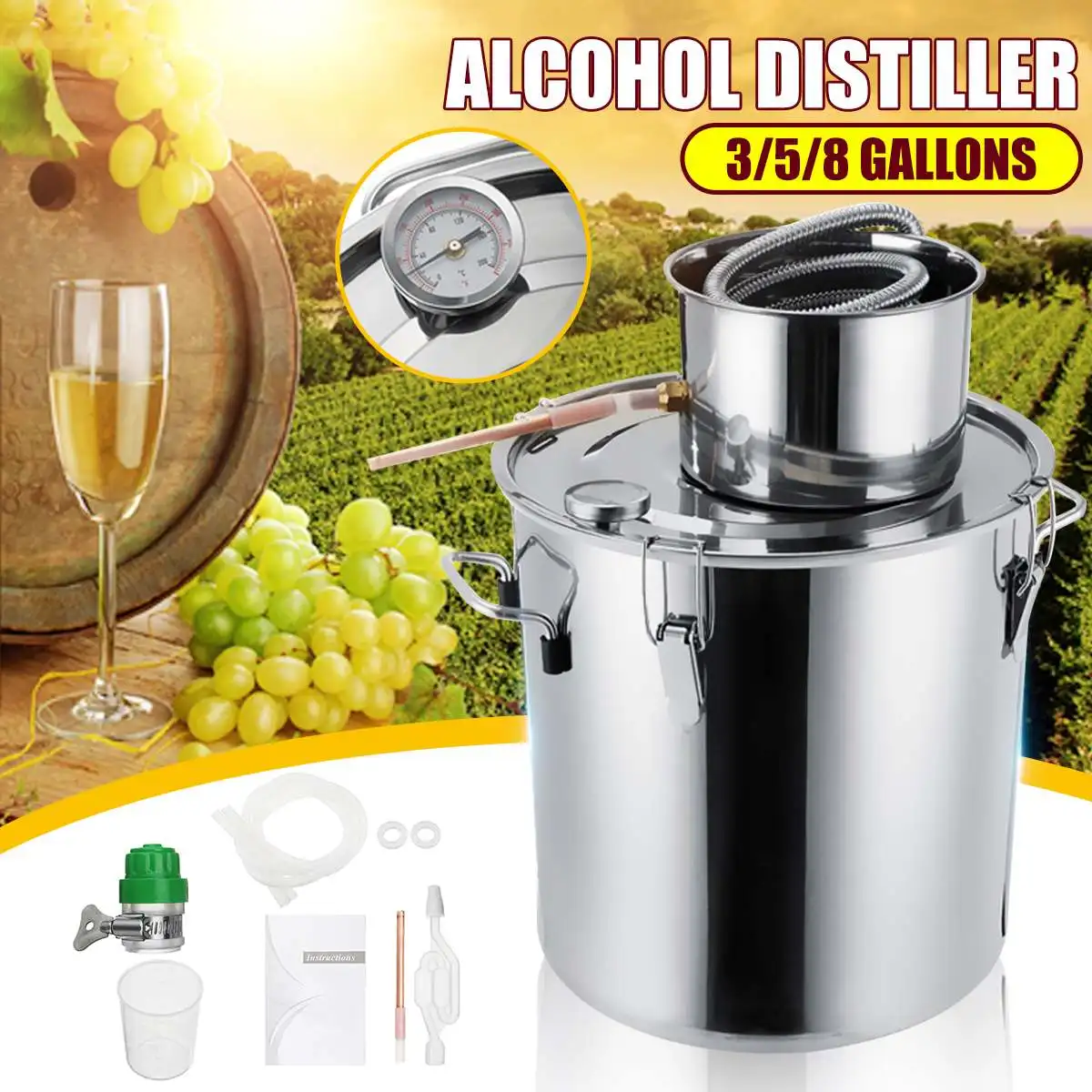 

Efficient 3/5/8GAL Distiller Moonshine Alcohol Distiller Stainless Steel DIY Home Water Wine Essential Oil Brewing Kit