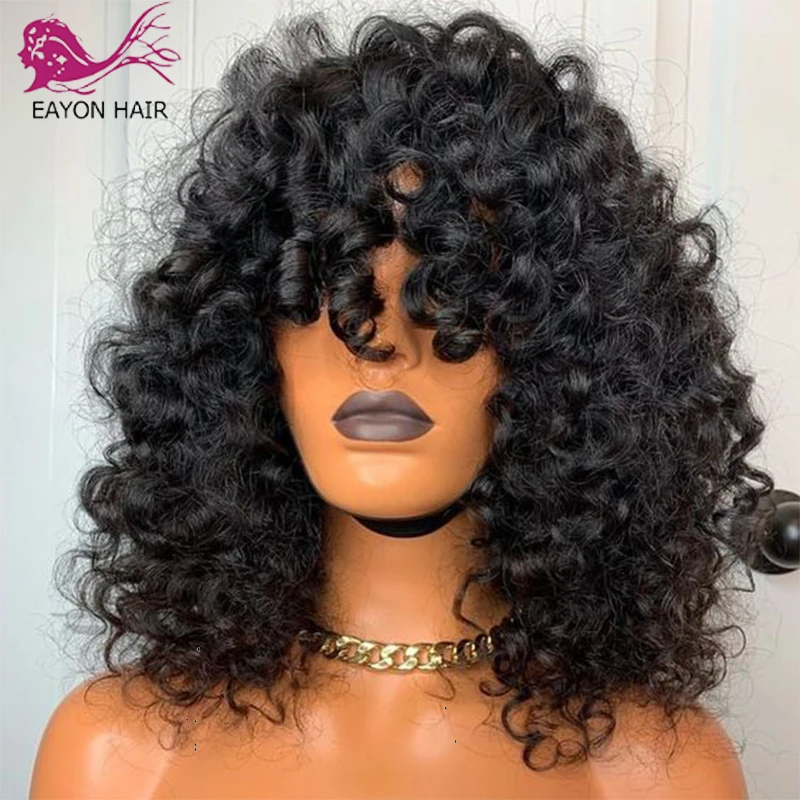 Satılık Eayon 200 Yoğunluk Siyah Kadınlar Için Insan Saçı Peruk Kıvırcık Brezilyalı Remy Kıvırcık Peruk Patlama Ile Kafa Derisi üst Makine Yapımı Peruk
