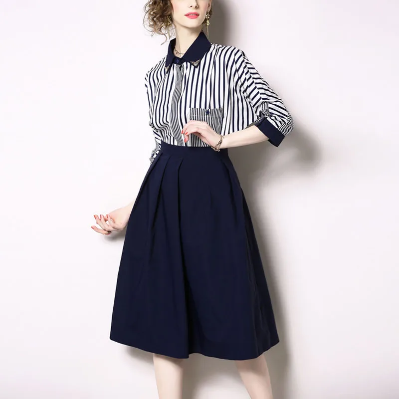 Zpqowv S XXL весенний женский комплект одежды воротник с бисером рукав 3/4 сине белая