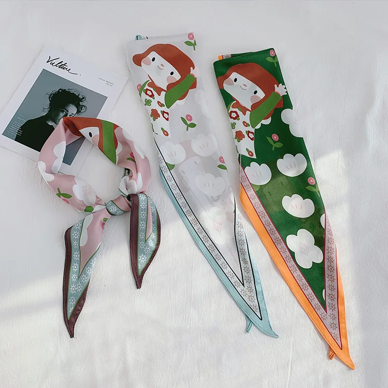 

Fashion Women Rhombus Hair Scarf Spring Summer Head Neck Hair Ties Band Neckerchief All-match Wraps Elegant Floral Cartoon Ties