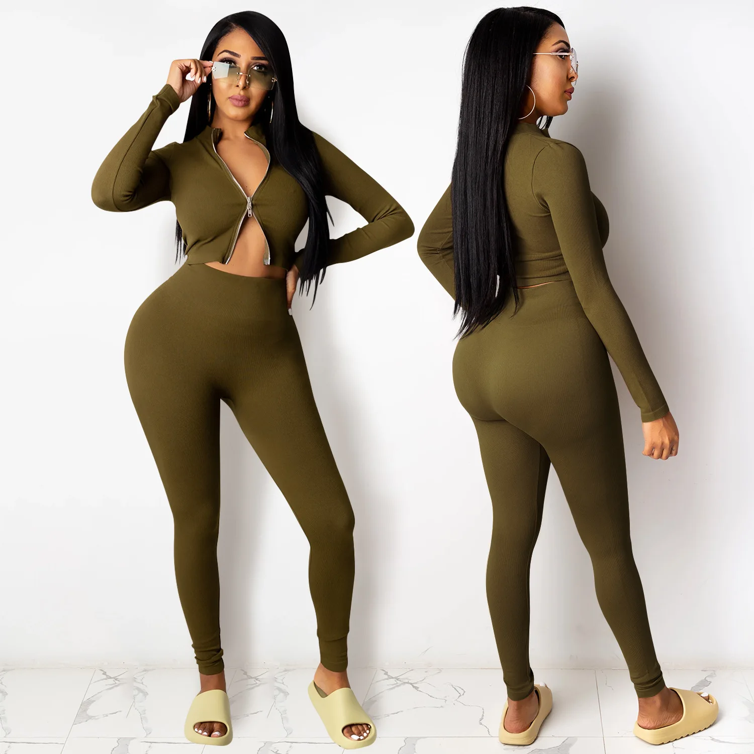 

Oluolin Women Two Piece Outfits 2021 Pants Sets Sexy Tracksuit Long Sleeve Zipper Jackets+Leggings Matching Sets Autumn Workout