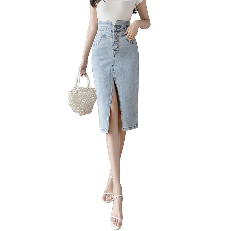 

Fashion High Waist Split Skirt Denim Korean Style Single Button Pocket A Line Elegant Blue Mid-length Jeans Skirt Women's 2021