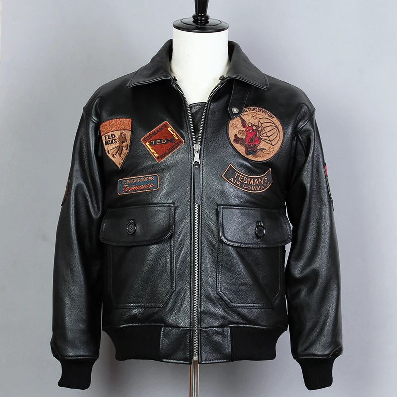 Мужская куртка бомбер FLY AVIREX модная из натуральной воловьей кожи с меховым