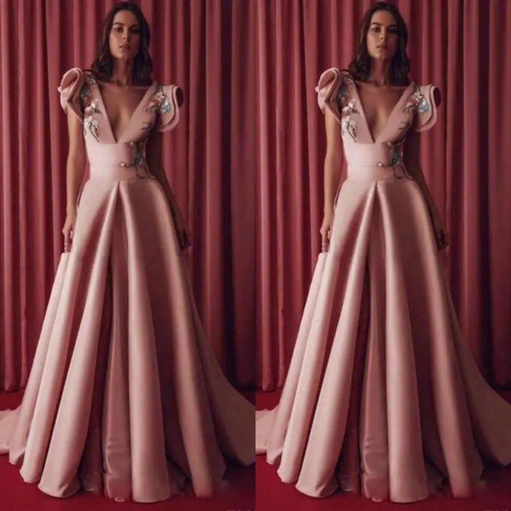 

Embroidery Pink 2020 Prom Dresses A Line Deep V Neck Ruffles Sleeve Evening Dress Satin Formal Gowns Vestidos de fiesta
