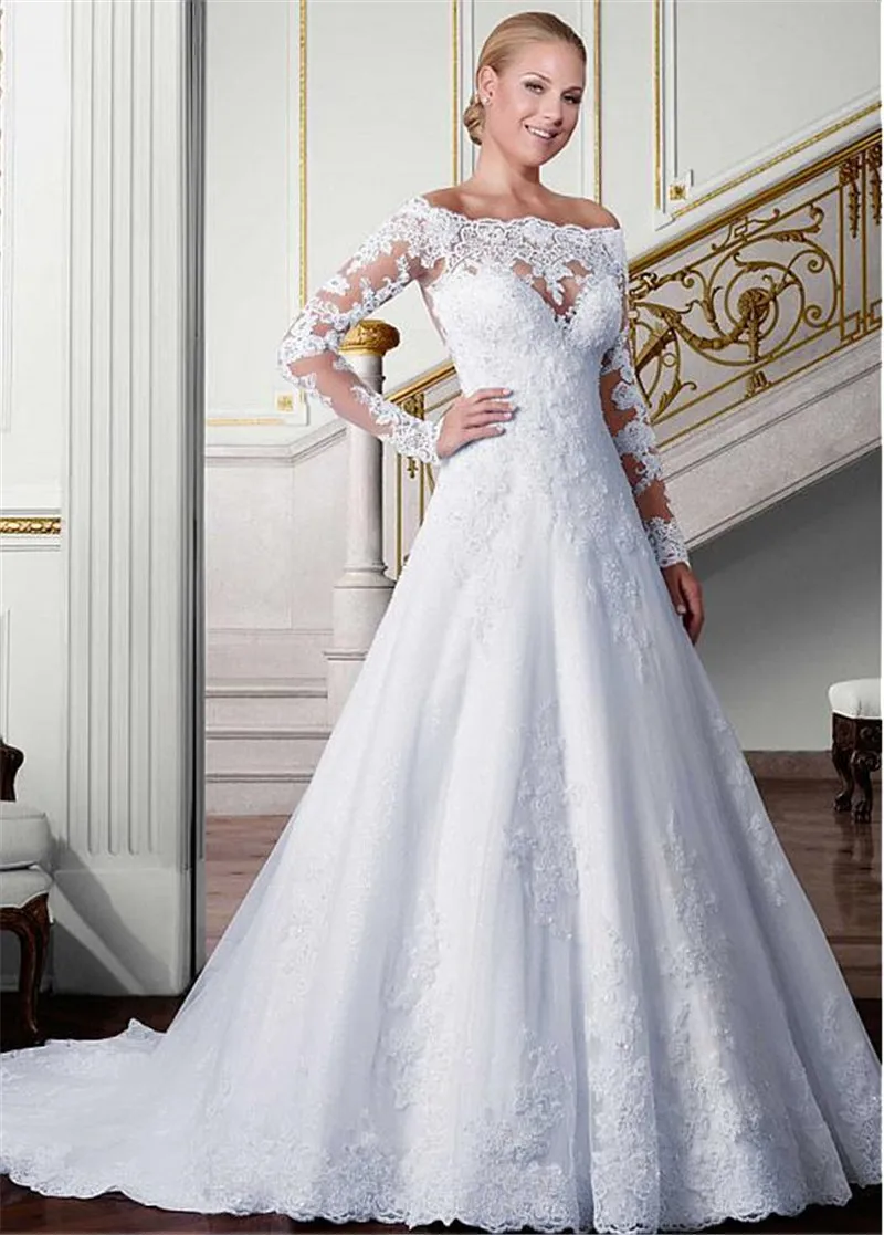 Женское свадебное платье с длинным рукавом кружевной аппликацией и пуговицами