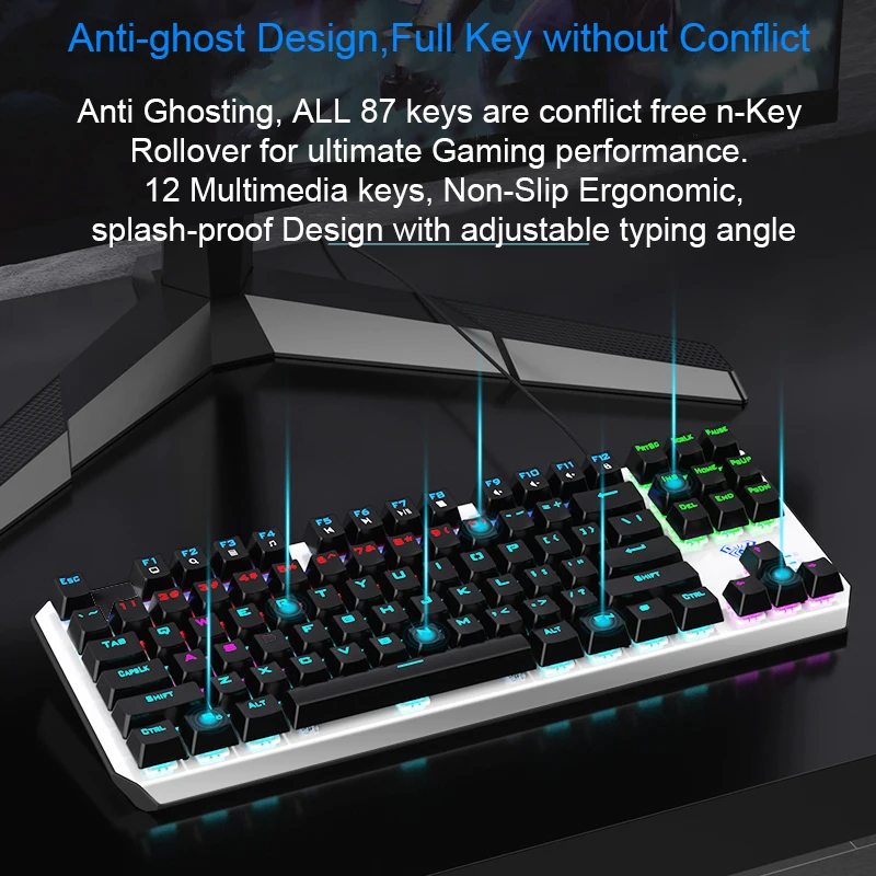 Механическая клавиатура 87 клавиш с защитой от фиктивных нажатий синий/черный
