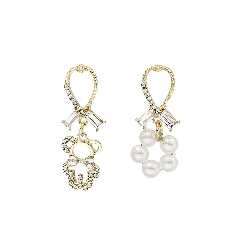 

925 Silver Stud Earrings Asymmetry Pearl Rhinestone Bear Drop Earrings For Women Girls Party Fashion Jewelry Animal Earrings