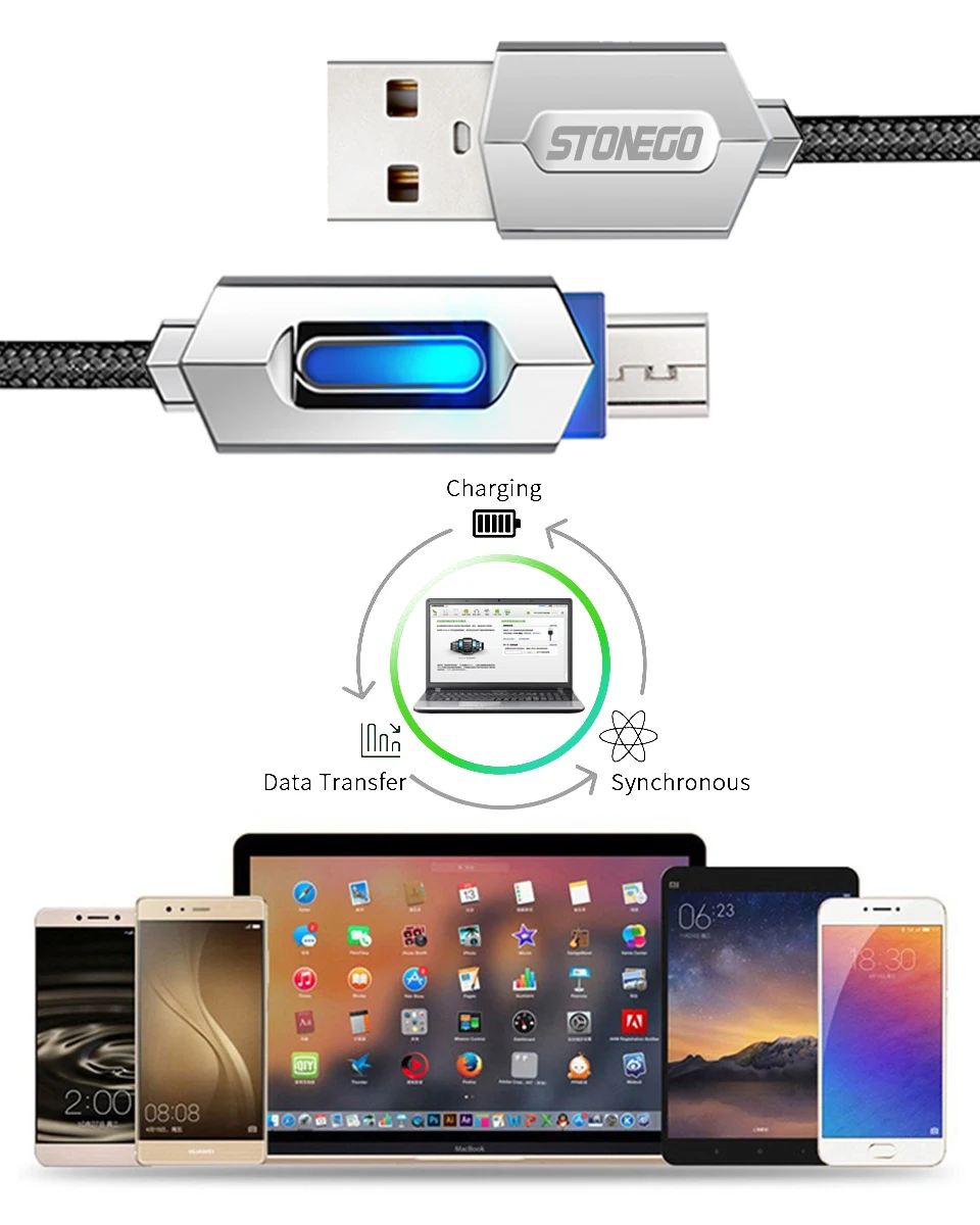 STONEGO светодиодный кабель с индикатором usb type C и Micro USB Кабель-адаптер с нейлоновой оплеткой кабель для синхронизации данных и зарядки 0,5 м 1 м 2 м 3 м