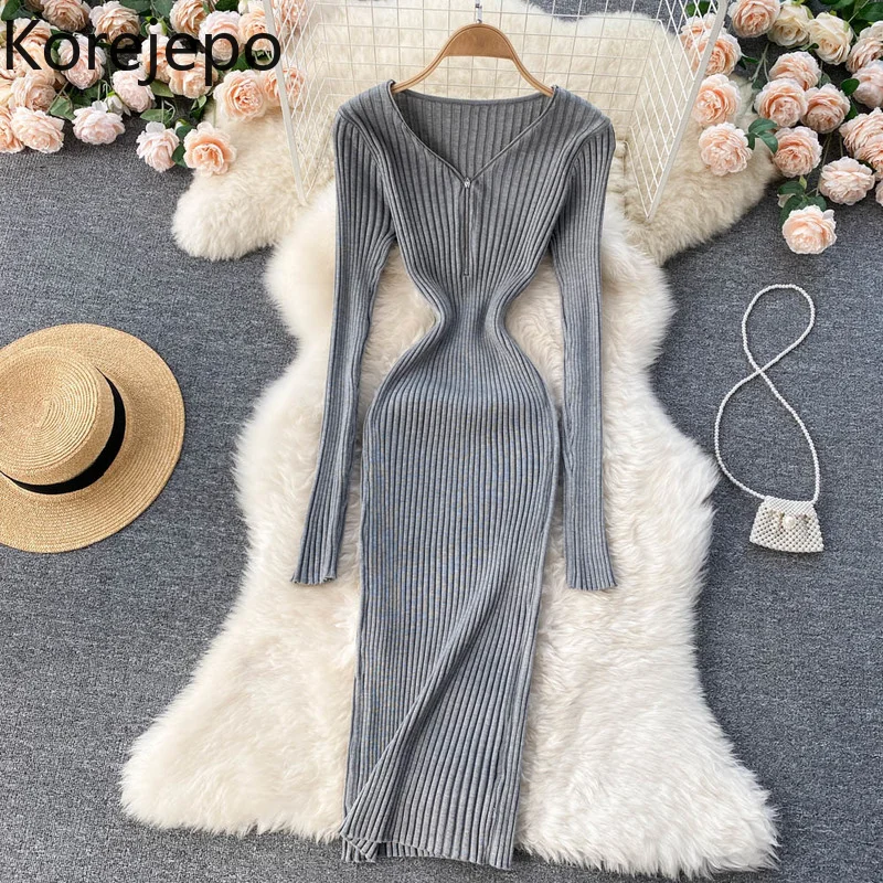 

Korejepo Knitted Dress Spring Autumn 2021 Gentle Temperament Zipper V-neck Tight Thin Medium Length Versatile Bag Hip Dresses
