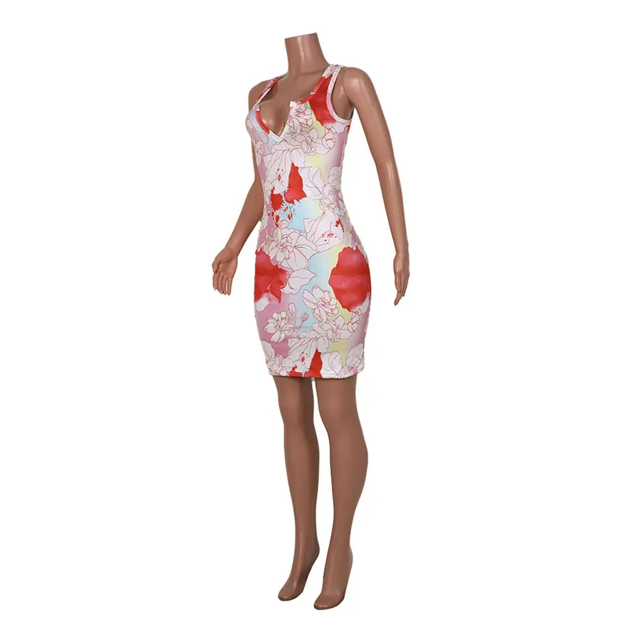 

women dress flower print V-neck suspender mini slim vest sleeveless dress