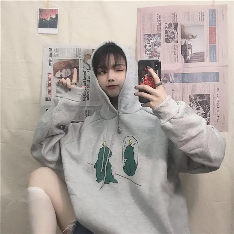 Cartoon Dinosaurs Printed Casual Loose Basic Black Simple College Wind Cute Fresh Hot Sale Winter Female Women Hoodies - Цвет: Gray