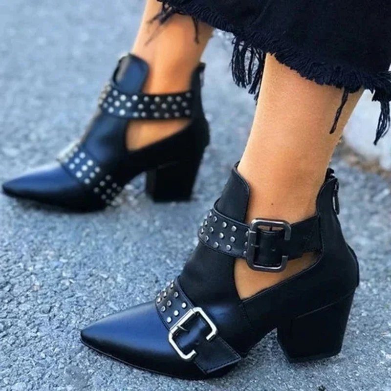 

Women's Pointed Toe Leather Ankle Boots Rivet Decor 2021 Fashion Woman Autumn Square Heels Women Female Buckle Pumps Zip Shoes