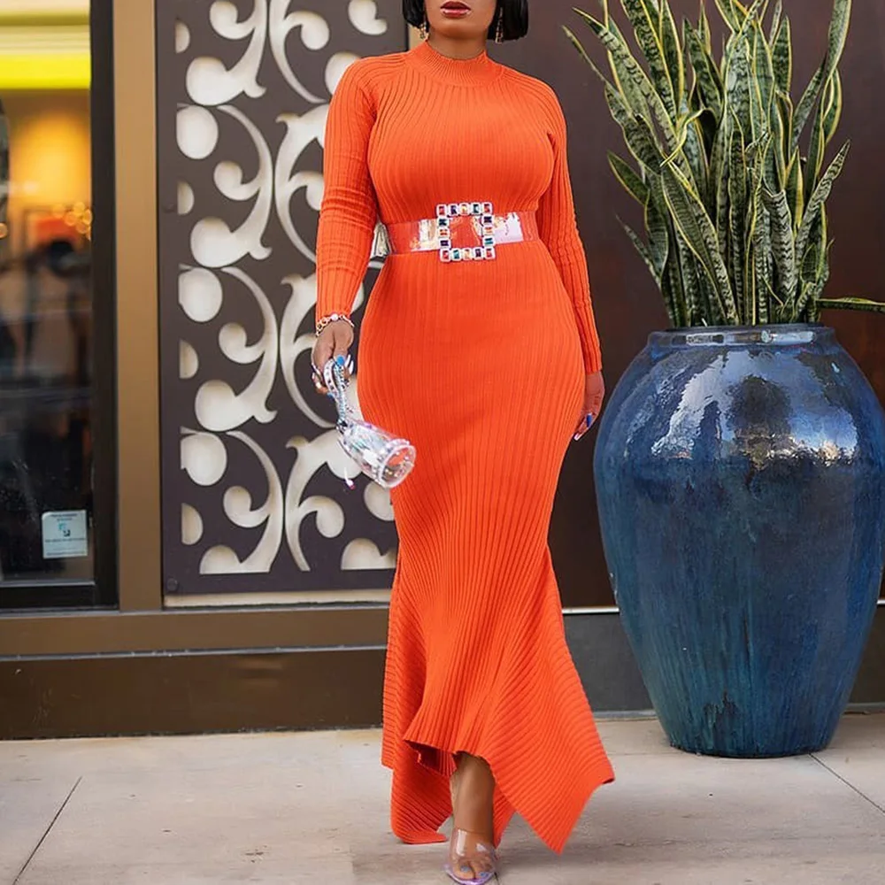 Женское платье с длинным рукавом оранжевое длинное черное высоким воротом