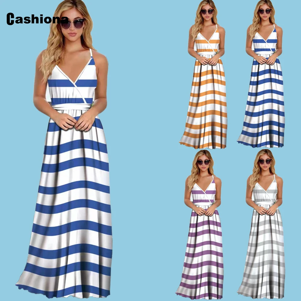 

Cashiona 2021 Summer Long Maxi Dress Fashion Stripes Party Dresses Plus size Women Clothing Sleeveless Femme Vestidos Robe Dress