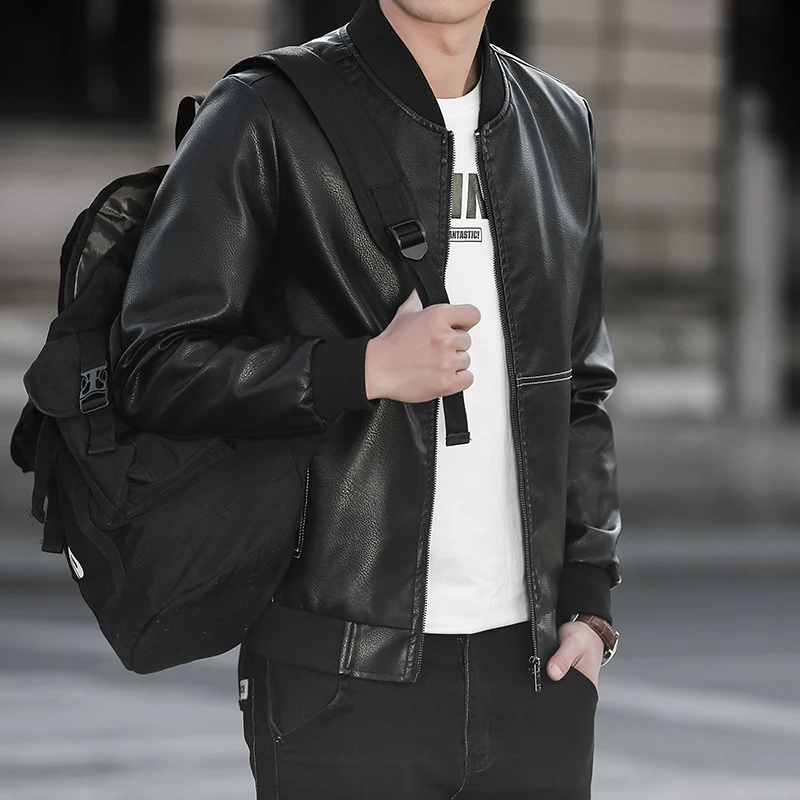 

2021 spring and autumn new men's faux leather jacket black motorcycle jacket male PU leather coat trend slim men's clothing