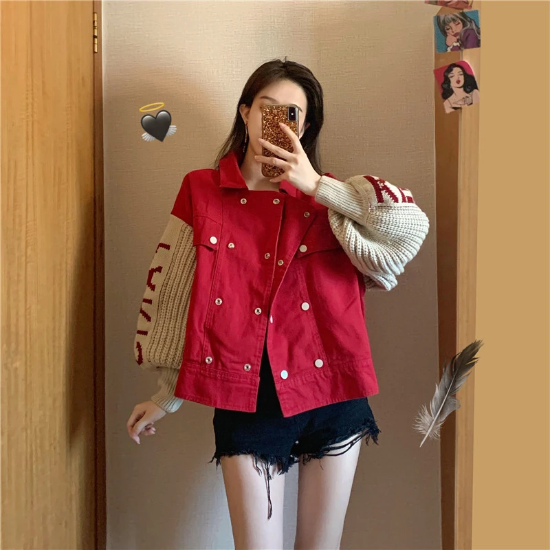 

Retro Denim Jacket 2020 New Women Autumn winter Coat Korean Loose versatile Slim Short Top Knitted patchwork Parka Female M198