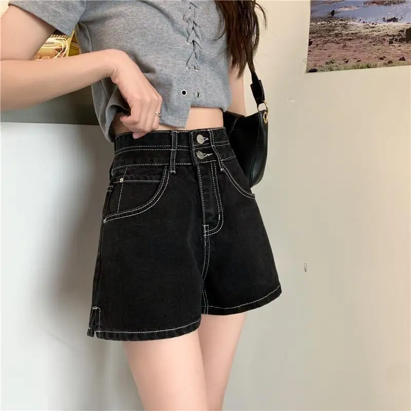 

Summer Korean version ins retro split wide leg pants black high waist denim shorts women's loose and thin A-line hot pants