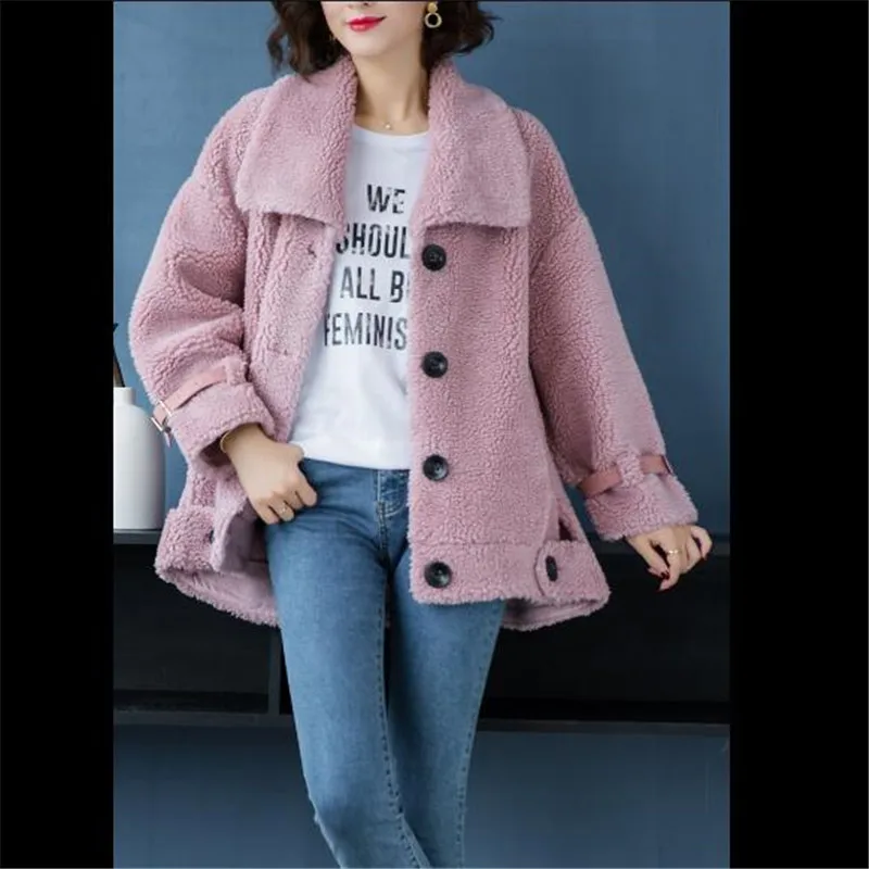 Pink Пальто из меха ягненка женская Свободная куртка большого размера Осень Зима Новая женская Высококачественная оторочка из овечьей шерсти теплая парка женская - Цвет: Pink