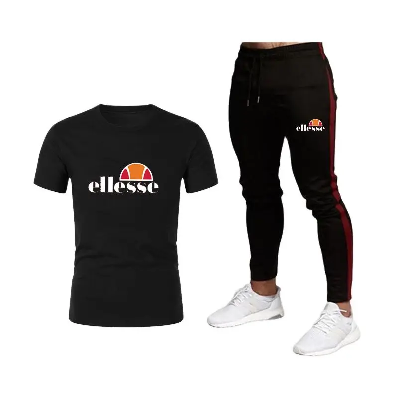 

2021 New Men's Set Spring Summer Man Sportswear ELLESE Set Pure cotton T-shirt +Pant Sweatsuit Male Tracksuit Asia Size S-3XL