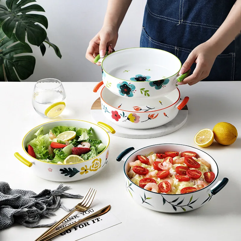 

1.2L Binaural Instant Noodle Bowls Ceramic Hand-Painted Underglaze Color Anti-Scalding Kitchen Large Soup Salad Bowls