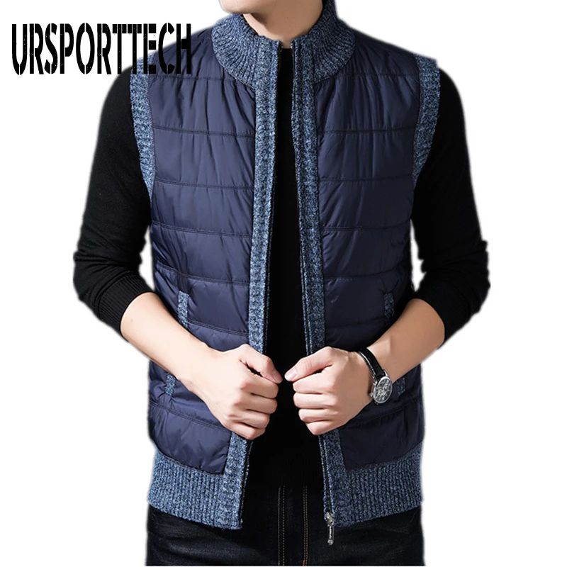 URSPORTTECH мужской свитер пальто для мужчин Осень зима без рукавов в стиле пэчворк на