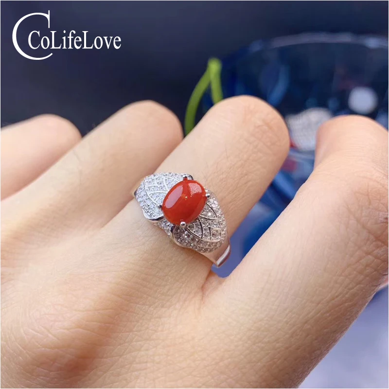 

CoLife Jewelry Vintage Coral Ring 6mm*8mm Natural Red Coral Silver Ring Yellow Gold Color 925 Silver Precious Coral Ring