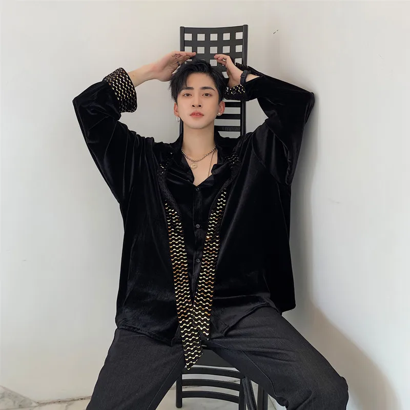 

Stage Show Club Clothing Men Long Sleeve Sequin Ribbon Loose Casual Velvet Tie Shirt Male Vintage Streetwear Hip Hop Shirt