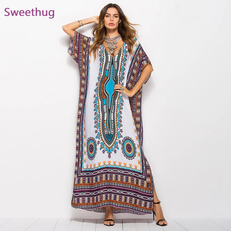 Женское винтажное платье с принтом Дубай, макси-кафтан, летняя пляжная одежда больших размеров, Арабская абайя, 2021