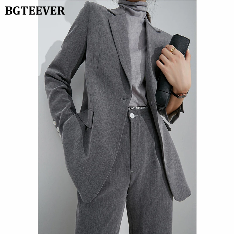 

BGTEEVER 2021 Spring Office Wear Blazer Pant Suit Two Pieces Set Women One Button Suit Jacket & Wide Leg Pant Elegant Blazer Set