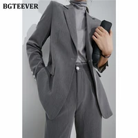 bgteever 2021 spring office wear blazer pant suit two pieces set women one button suit jacket wide leg pant elegant blazer set