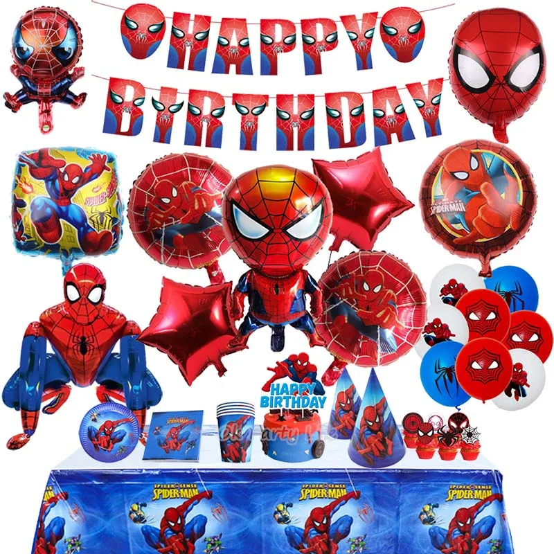 Spiderman Birthday Party Decorations Balloons Disposable Tableware 3D Great Spider Foil Balloon Party Supplies Plate Napkins