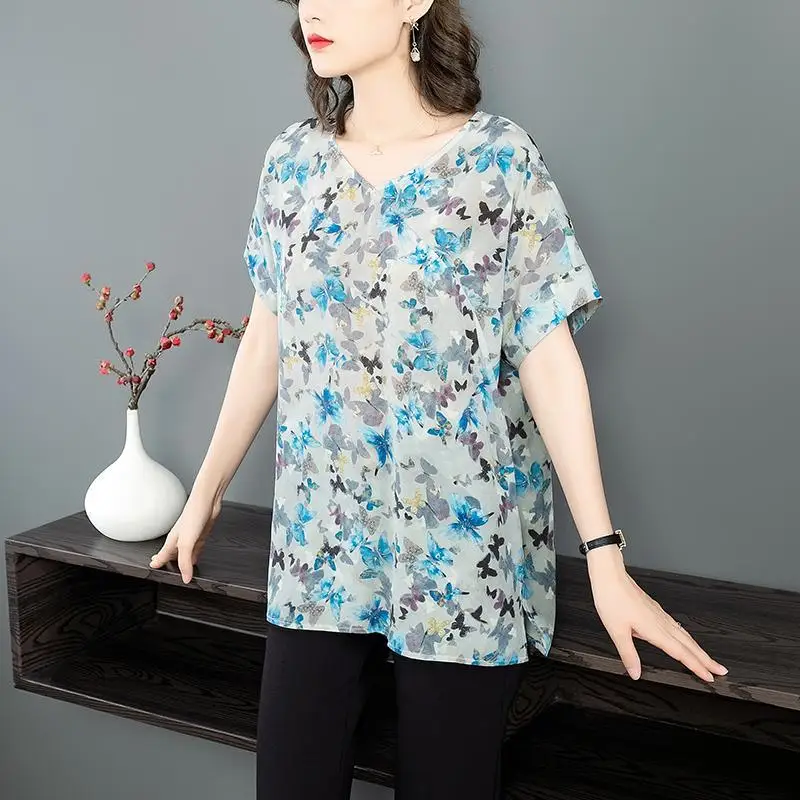 

Mid-length imitation silk blouse women short-sleeved summer new style retro fashion printed loose shirt women