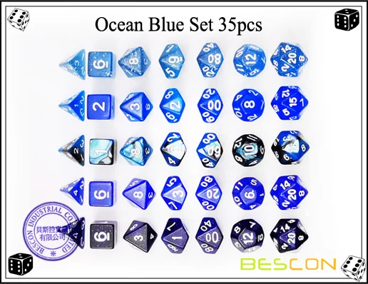 Bescon набор костей для ролевых игр 35 шт. океан набор синего цвета, DND ролевая игра кости 5X7 шт