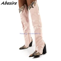 new snakeskin print pink boots solid side zipper thin high heel boots pointed toe knee high black boots big size women shoes