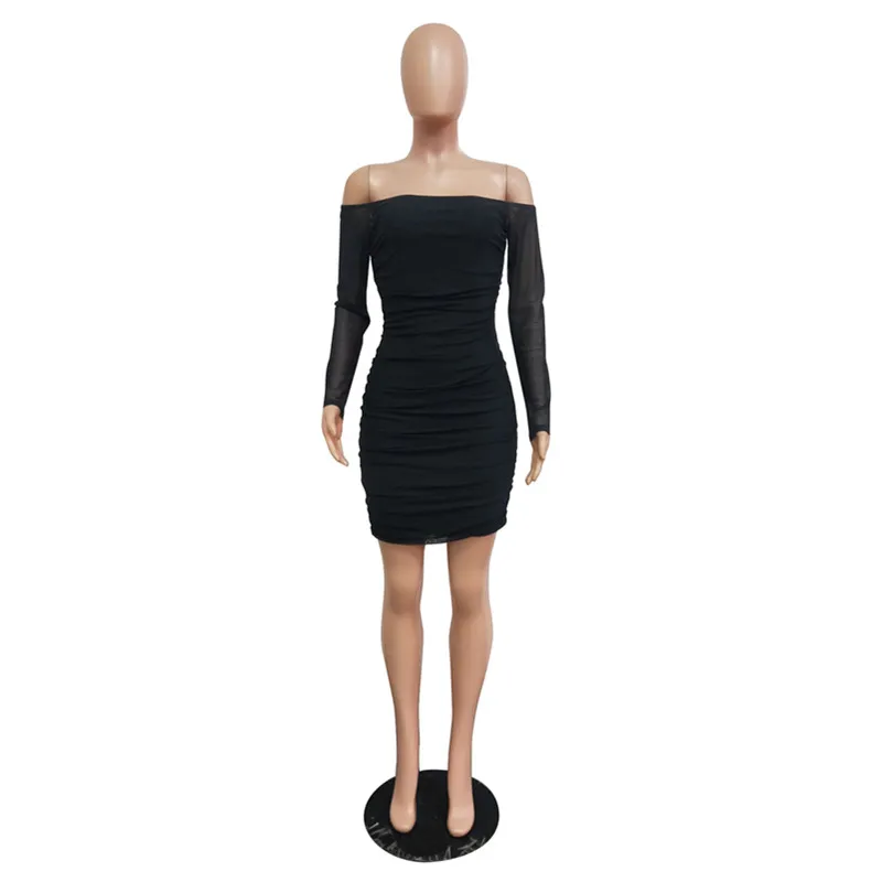 ANJAMANOR Sexy Mesh Nightclub Party Dress Ruched Zipper Up Off The Shoulder Long Sleeve Bodycon Bandage Fall 2019 D36-AD17 | Женская