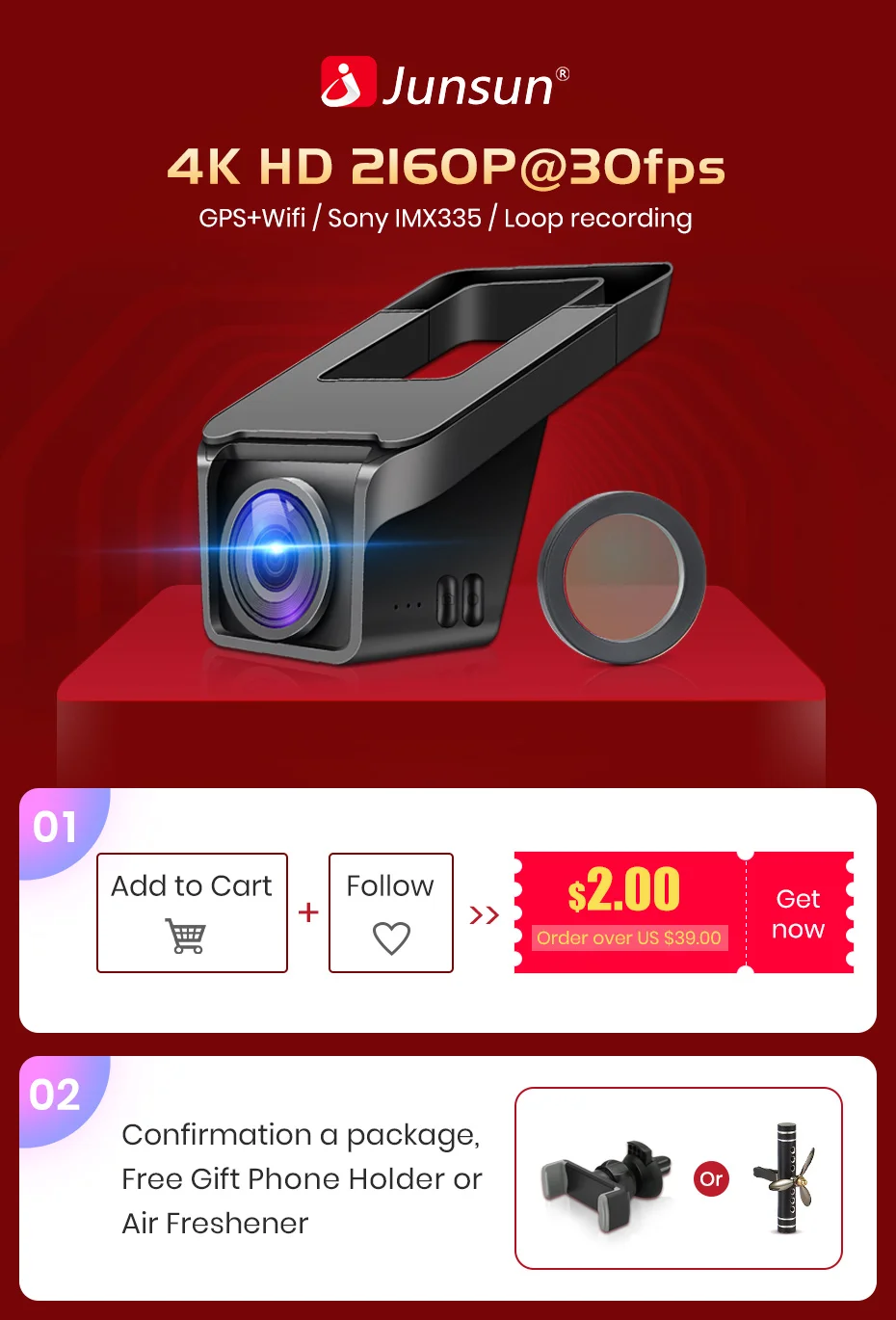 Junsun 4K Ultra HD 2160P 30fps Автомобильный видеорегистратор камера wifi gps с CPL sony IMX335 ночного видения видеорегистратор Регистратор